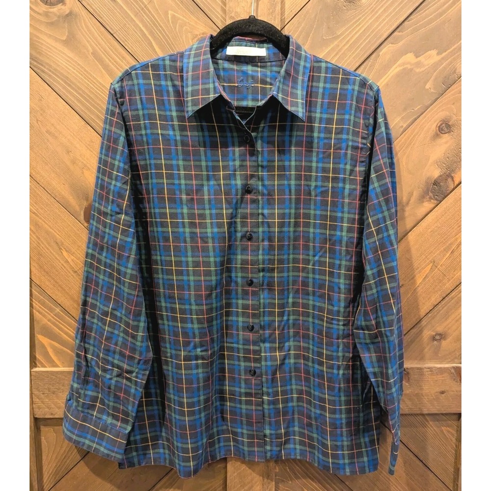 Foxcroft Wrinkle Free Button Up Shirt Women 14 Blue Plaid Long Sleeve Office